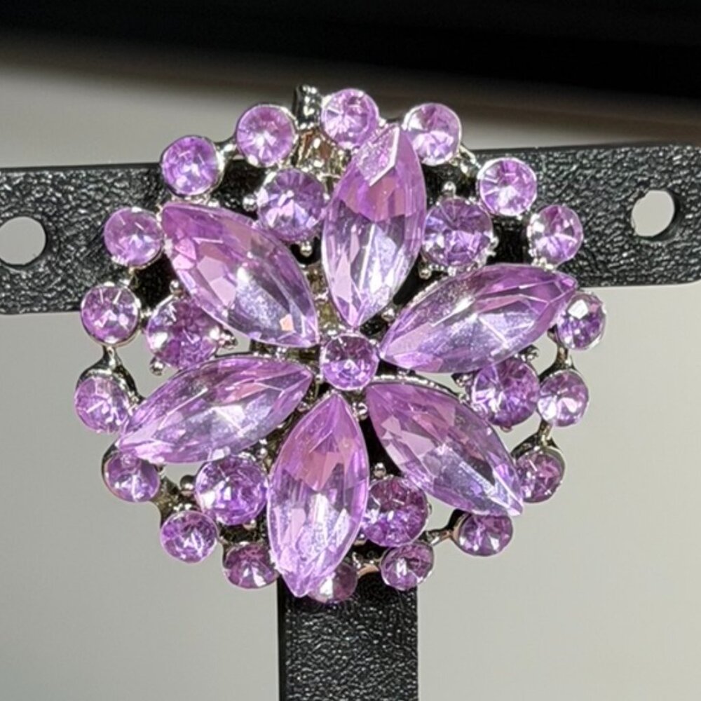 Purple & Silver Rhinestone Flower Brooch Pin